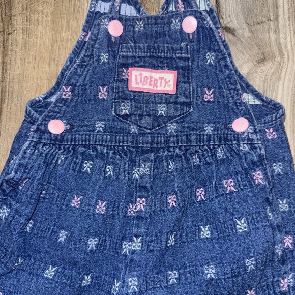 Vintage Liberty 100% Cotton Blue Denim Ribbon Bows Overalls Sz 18M - Picture 3 of 8